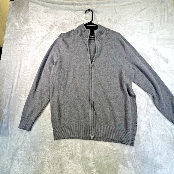 Nautica Mens L Full Zip Mock Neck Cardigan Sweater Gray Horizontal Rib Pockets - Picture 1 of 12